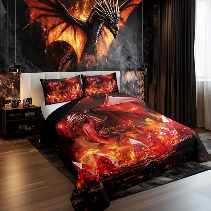 Castle Fairy Dragon Comforter Set Toddler Size,Glowing Flame Dragon Bedding Set for Kids Teens Bedroom,Western Fierce Animals Down Comforter,2 Pcs 1 Pillowcase