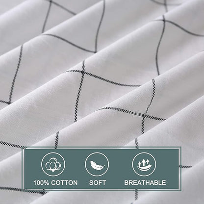 JELLYMONI 100% Natural Cotton 3pcs Plaid Duvet Cover Sets,White with Black Grid Geometric Pattern Printed Comforter Cover,with Zipper Closure & Corner Ties(Oversized King Size)