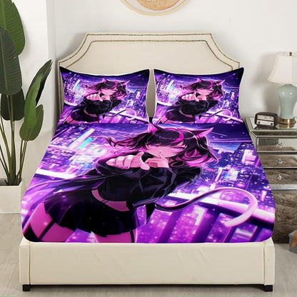 Erosebridal Kids Anime Girl Twin Size Bed Sheets, Japanese Anime Fitted Sheet, Cartoon Girl Bedding Set for Boys Teens Bedroom Decor, Kawaii Japanese Animation Bed Set with 1 Pillow Case