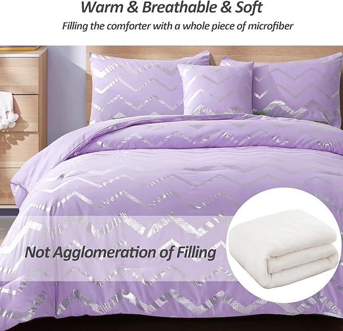 Menghomeus Purple/Silver Comforter Set Full Metallic Print Glitter Bed Comforter Cute Shinny Bedding for Teen Girls Kids Women, 4 Piece (2 Pillowcases, 1 Decorative Pillow Sham)
