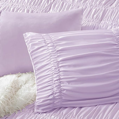 Intelligent Design Queen Comforter Set Ruched Shabby Chic Comforters for Queen Size Bed, All Season Lightweight Purple Ruffle French Country Bedding Set, Shams, Ella, Full/Queen, Lavender 3 Piece
