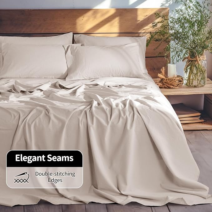 LBRO2M 100% Pure Linen Sheet Set Deep Pocket Up to 16" Bed Sheets Sets, Natural Flax Beddings Soft, Breathable, Comfortable for All Seasons 6 Pcs Sheet Set Queen Size, Linen