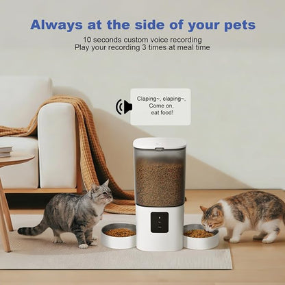 2.4G/5G Automatic Cat Feeder, 6L WiFi Cat Food Dispenser with 10s Voice Recorder, Double Bowl Pet Feeder up to 10 Meals per Day, Timed Feeder with Dry Food Sealed Ring (White)