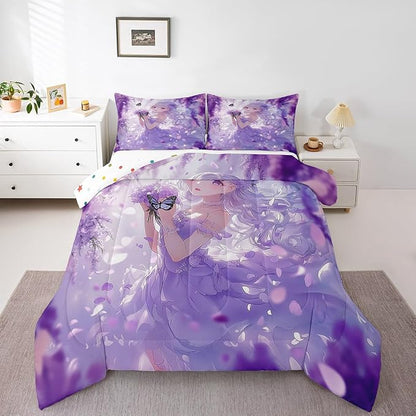 Erosebridal Cute Kawaii Anime Girl Full Bedding Set Japanese Style Anime Kids Down Comforter Cartoon Print Comforter Set Purple Romantic Flower Butterfly Bed Set 2 Pillow Cases