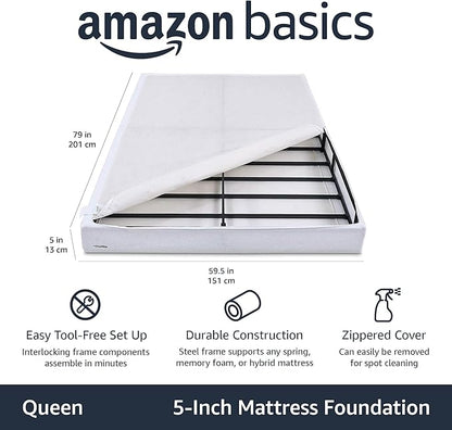 Amazon Basics Smart Box Spring Bed Base, 5-Inch Low Profile Height Mattress Foundation, Sturdy Durable Steel Support, Tool-Free Easy Assembly, Queen, 79" x 59.5" x 5", White