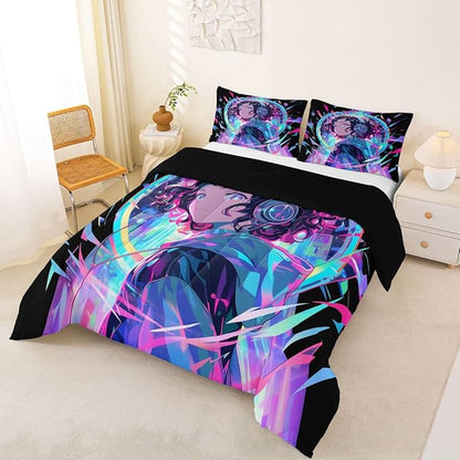 Erosebridal 3D Anime Girl Bedding Comforter Sets American Street Culture Comforter Set Queen for Teens Youth Girls Watercolor Graffiti Style Bedding Galaxy Stars Print Duvet Set with 2 Pillow Cases