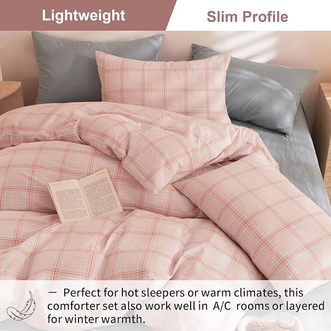 EAVD Pink Gingham Comforter Set King Soft Fluffy Pink Plaid Comforter Set 3 Pieces Modern Grid Checkered Pattern Bedding Set for All-Season Farmhouse Gingham Bedding Set for Boy Women Men