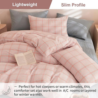 EAVD Pink Gingham Comforter Set Full Soft Fluffy Pink Plaid Comforter Set 3 Pieces Modern Grid Checkered Pattern Bedding Set for All-Season Farmhouse Gingham Bedding Set for Boy Women Men