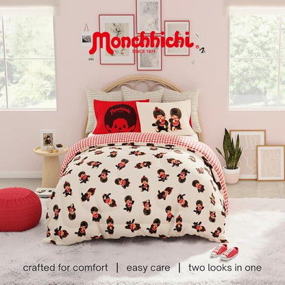 Monchhichi Bedding 7 Piece Full Bed Set, Soft Cozy Nostalgia Reversible Comforter and Sheet Set with Sham, (Officially Licensed Product) by Franco