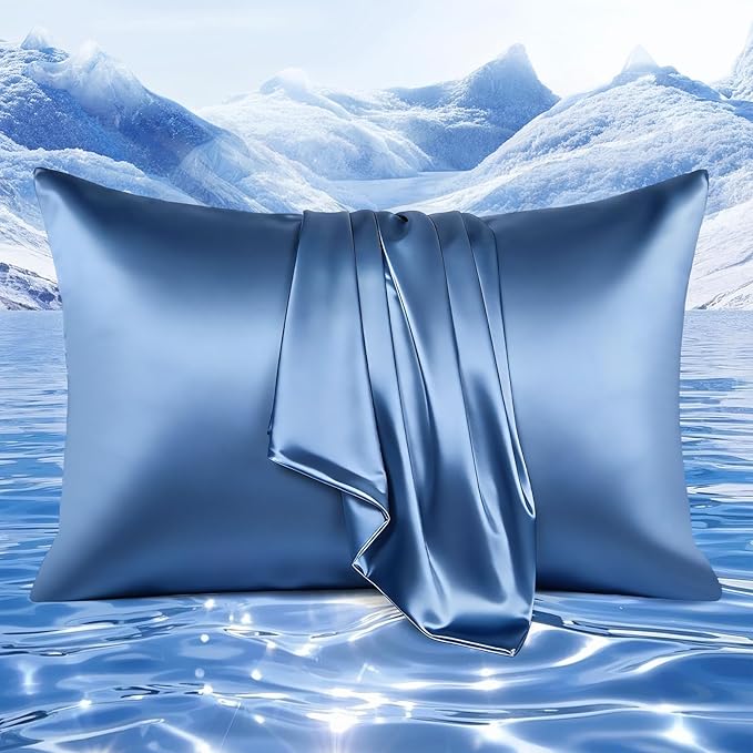 Elegear Cooling Pillow Cases for Hot Sleepers, Upgraded Arc-Chill Cooling Satin Pillowcases Q-max>0.5, Similar to Silk Pillow Cases for Hair & Skin, Luxury Zipper Pillowcase Cover Set of 2-Queen,Blue