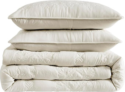 B2EVER Boho Light Beige Quilt Queen Size Bedding Sets with Pillow Sham, Bohemian Lightweight Bedspread Coverlet, Farmhouse Floral Vintage Thin Comforter Bed Cover All Season, 3 Pieces, 90x90 inches