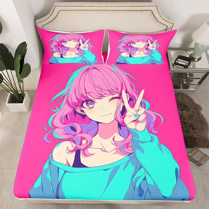 Japanese Anime Bedding Set 3D Anime Girl Fitted Sheet, Kawaii Japanese Style Bed Sheets Cartoon Uniform Girl Sheets Hot Pink Room Decor, Queen 3Pcs, 1 Fitted Sheet 2 Pillowcases (No Top Sheet)