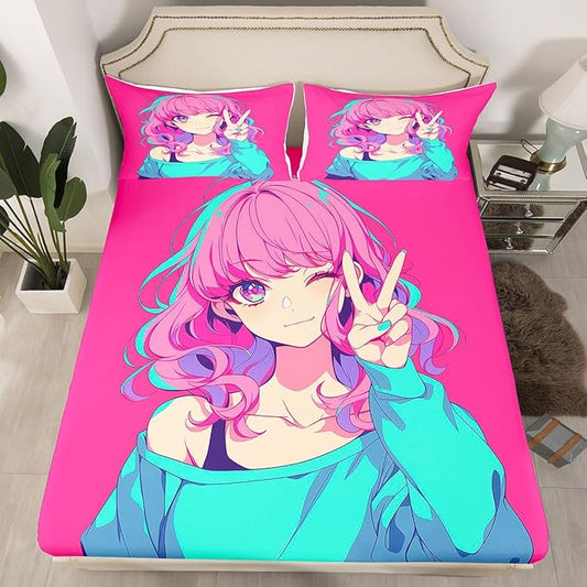 Japanese Anime Bedding Set 3D Anime Girl Fitted Sheet, Kawaii Japanese Style Bed Sheets Cartoon Uniform Girl Sheets Hot Pink Room Decor, Queen 3Pcs, 1 Fitted Sheet 2 Pillowcases (No Top Sheet)