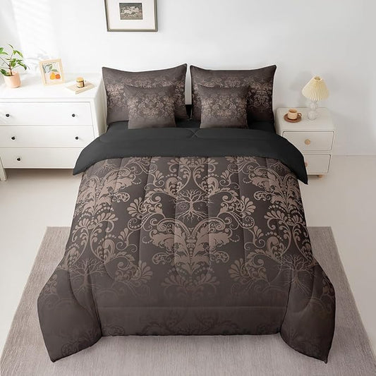 Erosebridal Gothic Damask Bed in a Bag King Size Comforter Set 7 Pieces,Sun Moon Tree of Life Bedding Sets Black Brown Victorian Floral Goth Sheet Set with Comforter