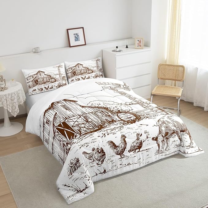 Windmill Comforter Set Full, Rustic Barn Farmhouse Bedding, Chick Cow Farm Animals Down Comforter, Hand Drawn Illustration Bedding Comforters, Countryside Rural Meadow Room Decor Duvet Set, Taupe