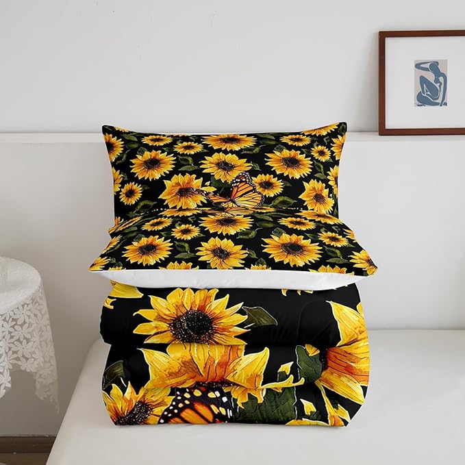 Feelyou Sunflower Bedding Set Girls Yellow Floral Butterfly Comforter Chic Flowers Pattern Comforter Set for Kids Teens Botanical Nature Duvet Set Ultra Soft Room Decor Toddler Size…