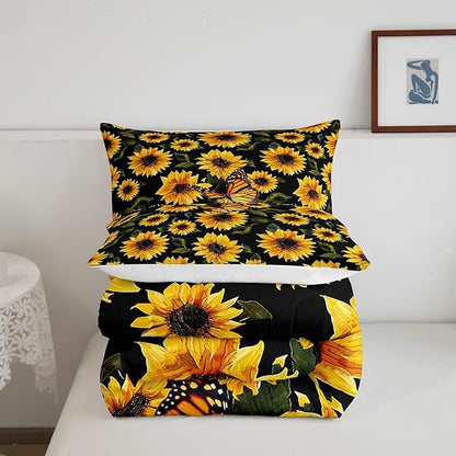 Feelyou Sunflower Bedding Set Girls Yellow Floral Butterfly Comforter Chic Flowers Comforter Set for Kids Teens Botanical Nature Duvet Set Soft Room Decor King Size Boys