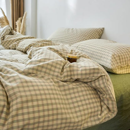 Green Gingham Duvet Cover Queen Washed Cotton Plaid Comforter Cover Queen Sage Green Boho Pattern Zipper Duvet Cover Set with 2 Pillow Cases Cute Checkered Bedding Set Vintage Duvet Protector