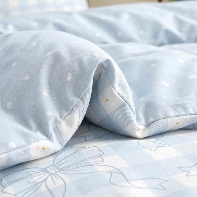 Blue Plaid Bow Comforter Set Twin Size, 2 Pcs Checkered Gingham Bedding Set Love Heart Reversible Comforter with 1 Pillowcase, 68"x86"