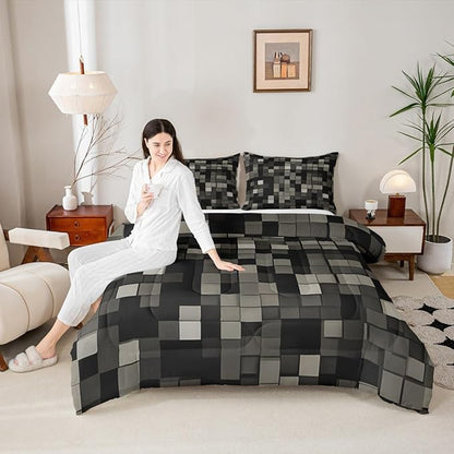 Manfei Pixelated Kids Comforter Set Twin Size,Patchwork Grid Video Games Bedding Set Boys Girls Room Decor,Lattice Abstract Simple Quilt Comforter,Dark Gray Duvet Set Bedroom Quilt Set,1 Pillowcase