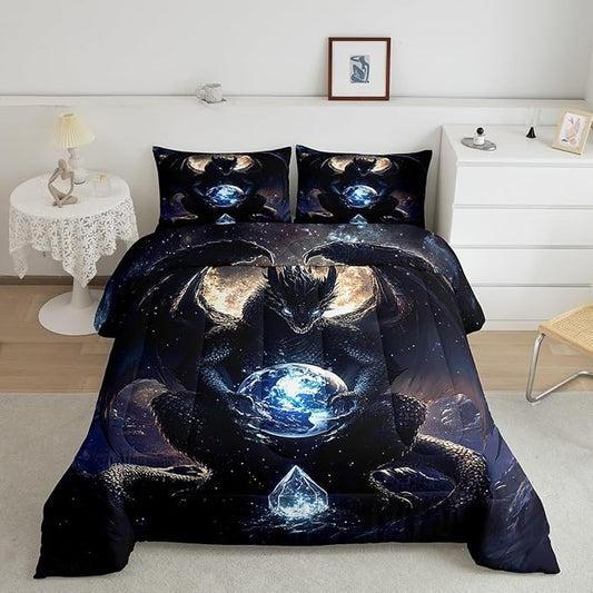 Feelyou Dragon Comforter Set King Size Comforter for Boys Girls Teens Wild Life Bedding Set Dragon Decor Duvet Set Room Decor Black Quilt Set