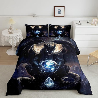 Feelyou Dragon Comforter Set Toddler Size Dragon Stuff Comforter for Boys Girls Teens Wild Life Bedding Set Dragon Decor Duvet Set Room Decor Black Quilt Set