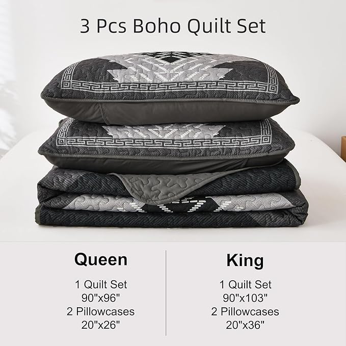 Dintszyayue Boho Queen Quilt Set 3 Pieces Black Grey Aztec Texture Bedspread Coverlet Set Bohemian Quilt Bedding Set Microfiber Lightweight Bed Cover for All Seasons 90"×96"