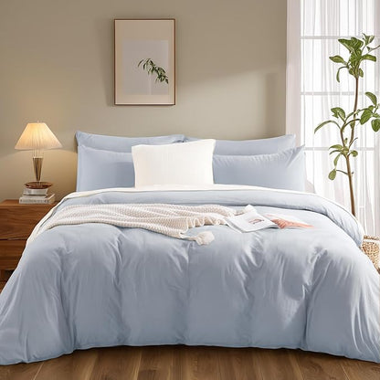 NEXHOME PRO King Duvet Cover Set, 100% Washed Cotton with Linen-Like Texture, Natural Organic, Breathable & Comfortable, Includes Home Bedding Set Cornflower Blue (No Comforter) 10490