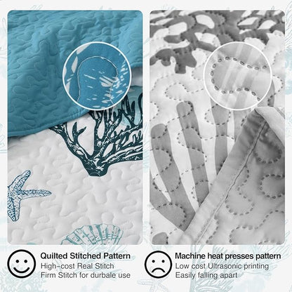 HORIMOTE HOME Coastal Quilt Bedding Set King Size, Reversible Blue Summer Beach Quilt Lightweight Ocean Nautical Comforter Tropical Bedspread Coverlet with 2 Pillow Shams for All Seasons (106"x96")