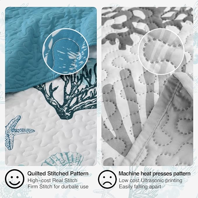 HORIMOTE HOME Coastal Quilt Bedding Set Queen Size, Reversible Blue Summer Beach Quilt Lightweight Ocean Nautical Comforter Tropical Bedspread Coverlet with 2 Pillow Shams for All Seasons (90"x96")