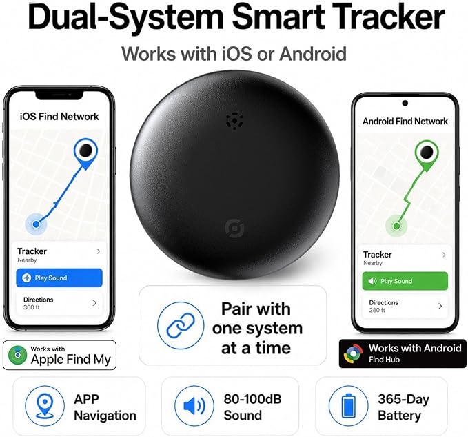 GPS Tracker for Vehicles No Subscription, iOS & Android Dual System | Precise Location Car Tracker Tag, IP66 Waterproof Bluetooth Tracker Device for Key, Luggage, Wallet, Kid and Pet (2-Pack)