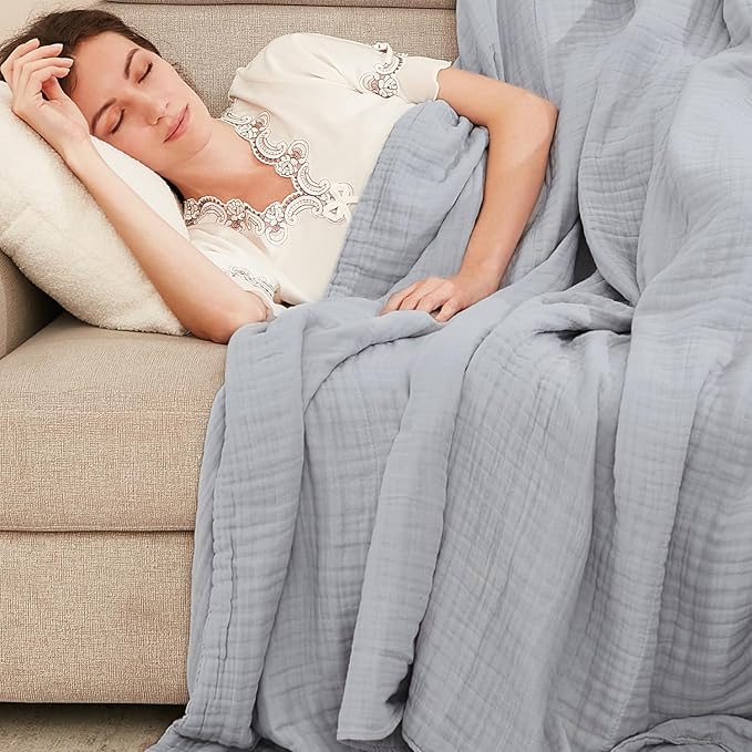 EMME Cooling Cotton Muslin King Blanket Bed Layering Bedspread Coverlet Breathable Gauze Soft Lightweight (Light Grey, 108"x90")