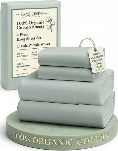 LANE LINEN 100% Organic Cotton Sheets King Size, 15" Deep Pocket Fully Elasticized Soft & Comfy Percale Bedding, Eco Friendly Naturally Temperature Regulating Cotton Sheets King- Cool Blue