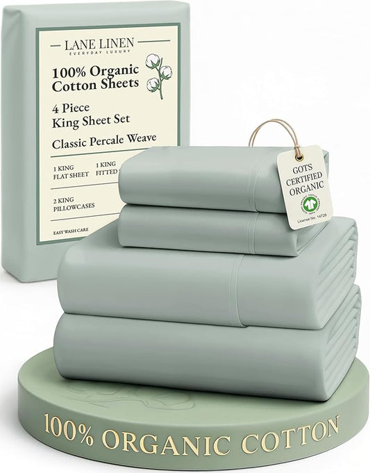 LANE LINEN 100% Organic Cotton Sheets King Size, 15" Deep Pocket Fully Elasticized Soft & Comfy Percale Bedding, Eco Friendly Naturally Temperature Regulating Cotton Sheets King- Cool Blue