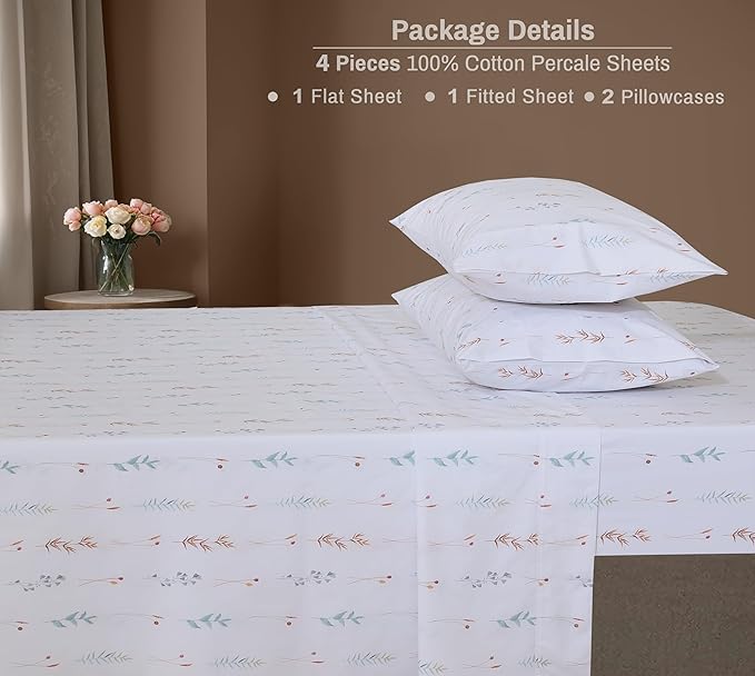 ZOYER 100% Cotton Sheets – Full Size Percale Bedding, Cooling & Breathable, Durable with a Crisp, Soft & Comfortable Feel, 16" Deep Pocket, 4-Piece Set, Fairy Meadows