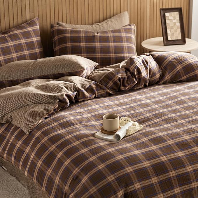 EAVD Vintage Gingham Comforter Set King Brown Blue Red Grid Checked Bedding Set Soft 100% Muslin Cotton Retro Brown Plaid Comforter Set with 2 Pillowcases Farmhouse Plaid Bedding Set for All-Season