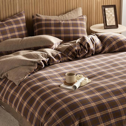 EAVD Vintage Gingham Comforter Set King Brown Blue Red Grid Checked Bedding Set Soft 100% Muslin Cotton Retro Brown Plaid Comforter Set with 2 Pillowcases Farmhouse Plaid Bedding Set for All-Season