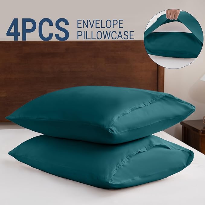 Pillowcases Queen 4 Pack, 20x30 Pillow Cases with Envelope Closure, Soft Plain Brushed Microfiber Covers Breathable Wrinkle-Resistant, Teal