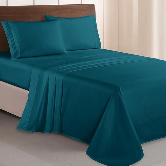 Elegant Comfort Luxurious 1500 Premium Hotel Quality Microfiber Three Line Embroidered Softest 4-Piece Bed Sheet Set, Wrinkle and Fade Resistant, Queen, Marine Teal