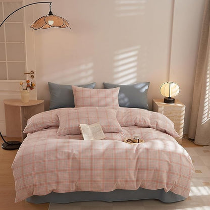 Plaid Comforter King Size Down Alternative Washed Cotton Bedding Set Fluffy Cute Super Soft Boho Bedding Comforter Sets Machine Washable Cozy Puffy Chic Bed Comforter with 2 Pillowcases
