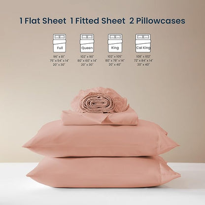 SLEEP ZONE Nanotex Super Soft Cooling Queen Bed Sheets Set 4 Piece - Easy Care Fitted Flat Sheet & Pillowcase Sets - Wrinkle Free, Fade Resistant, Deep Pocket 16" (Dull Pink, Queen)