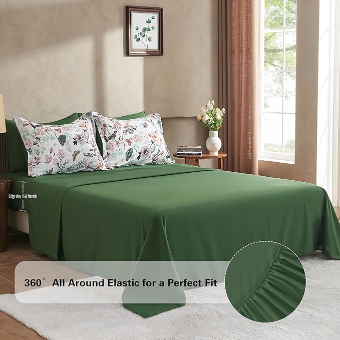 7 Piece King Comforter Set, Green Butterfly Floral Comforter Set with Flowers Leaves Pattern, Soft Microfiber Complete Bedding Set for All Season(Dark Green, King)