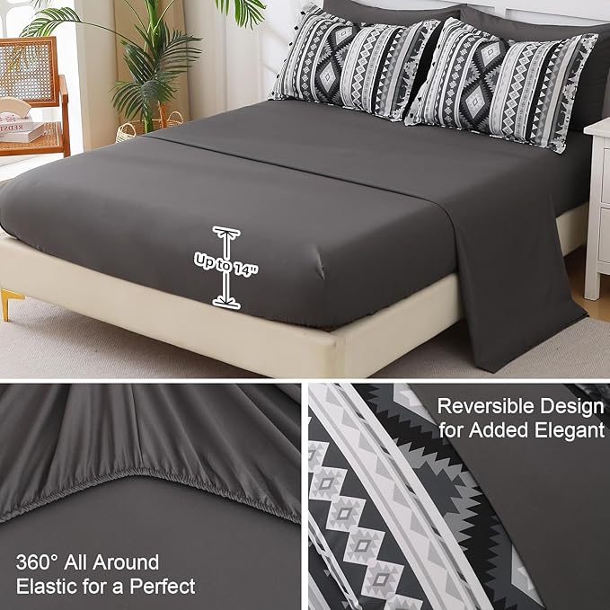 Dinjoy King Size Comforter Set Boho,Dark Gray Bedding Set Stripes 7 Pieces Bed in A Bag Aztec Comforters Black Complete Set Mens Western Bed Sets for Fall Winter 90"×104"
