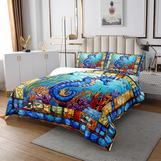 Seahorse Kids Bedspread Queen Size,Hippocampus Coral Seaweed Marine Life Coverlet Set,Boys Girls Room Decor,Ocean Animal Geometric Abstract Quilted Coverlet,Sea Blue Bedding Quilt,2 Pillowcases