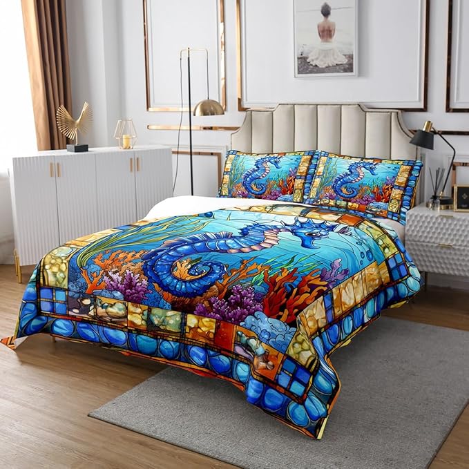 Seahorse Kids Bedspread Twin Size,Hippocampus Coral Seaweed Marine Life Coverlet Set,Boys Girls Room Decor,Ocean Animal Geometric Abstract Quilted Coverlet,Sea Blue Bedding Quilt,1 Pillowcase