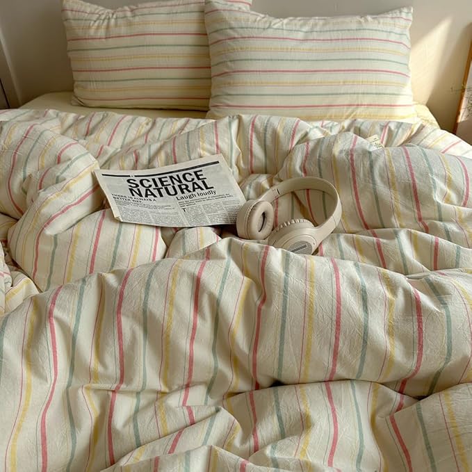 EAVD Colorful Striped Duvet Cover Twin Soft 100% Cotton Vintage Pink Green Yellow Stripes Printed Bedding Set with 2 Pillowcases Retro Reversible Geometric Comforter Cover with Zipper Corner Ties