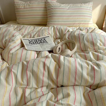 EAVD Colorful Striped Duvet Cover Twin Soft 100% Cotton Vintage Pink Green Yellow Stripes Printed Bedding Set with 2 Pillowcases Retro Reversible Geometric Comforter Cover with Zipper Corner Ties