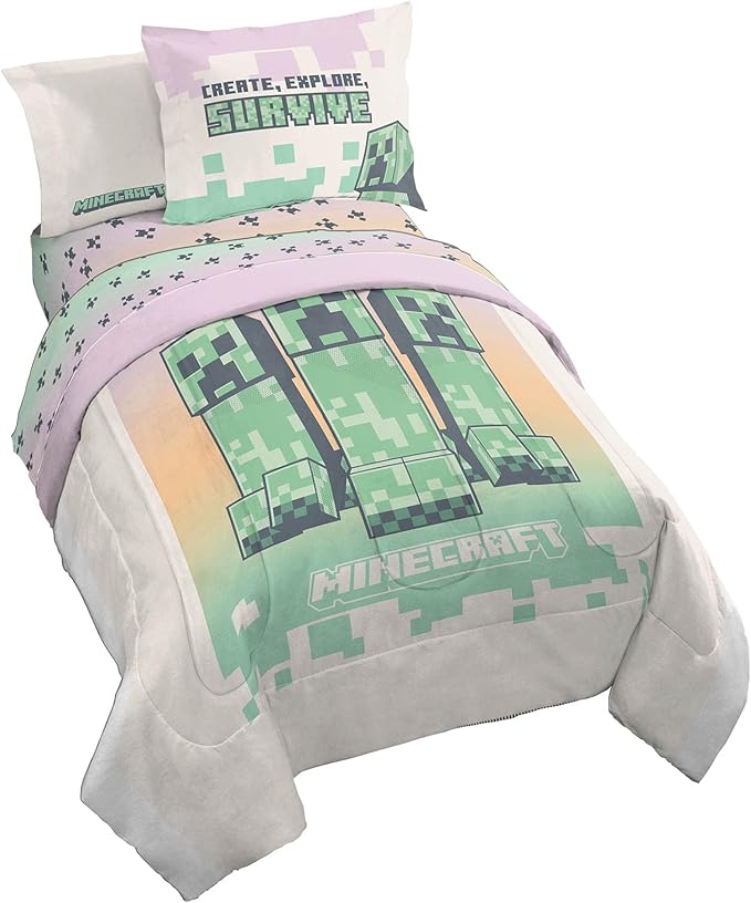 Jay Franco Minecraft Creeper Full Comforter Set - 7 Piece Bedding Includes Sheet Set & Pillow Covers - Super Soft Pink & Green Kids Bedding
