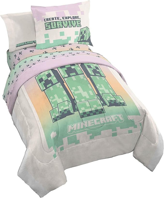 Jay Franco Minecraft Creeper Full Comforter Set - 7 Piece Bedding Includes Sheet Set & Pillow Covers - Super Soft Pink & Green Kids Bedding