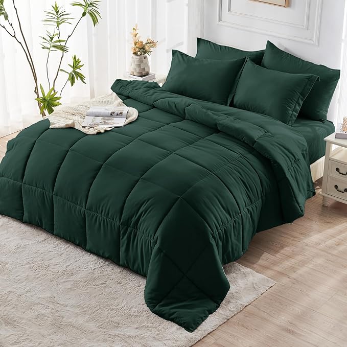 JOLLYVOGUE Twin Comforter Set, Ultra-Soft Bed in a Bag Twin Size 5 Pieces, Oeko-TEX Certified Bedding Set with Down Alternative Comforter, Sheets, Pillowcases & Shams, Emerald Green